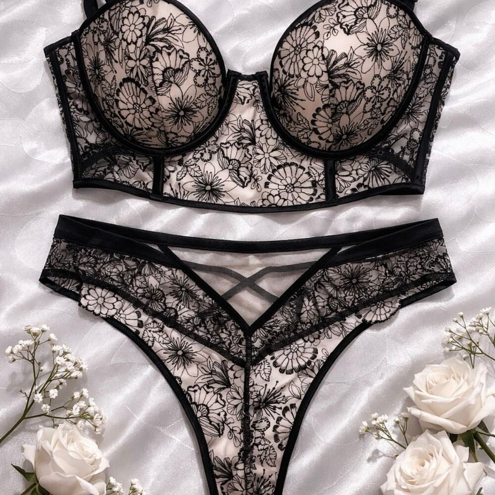 Victoria’s Secret Luxe Floral Embroidered Bustier Bra 34DD + Panty Set M NWT